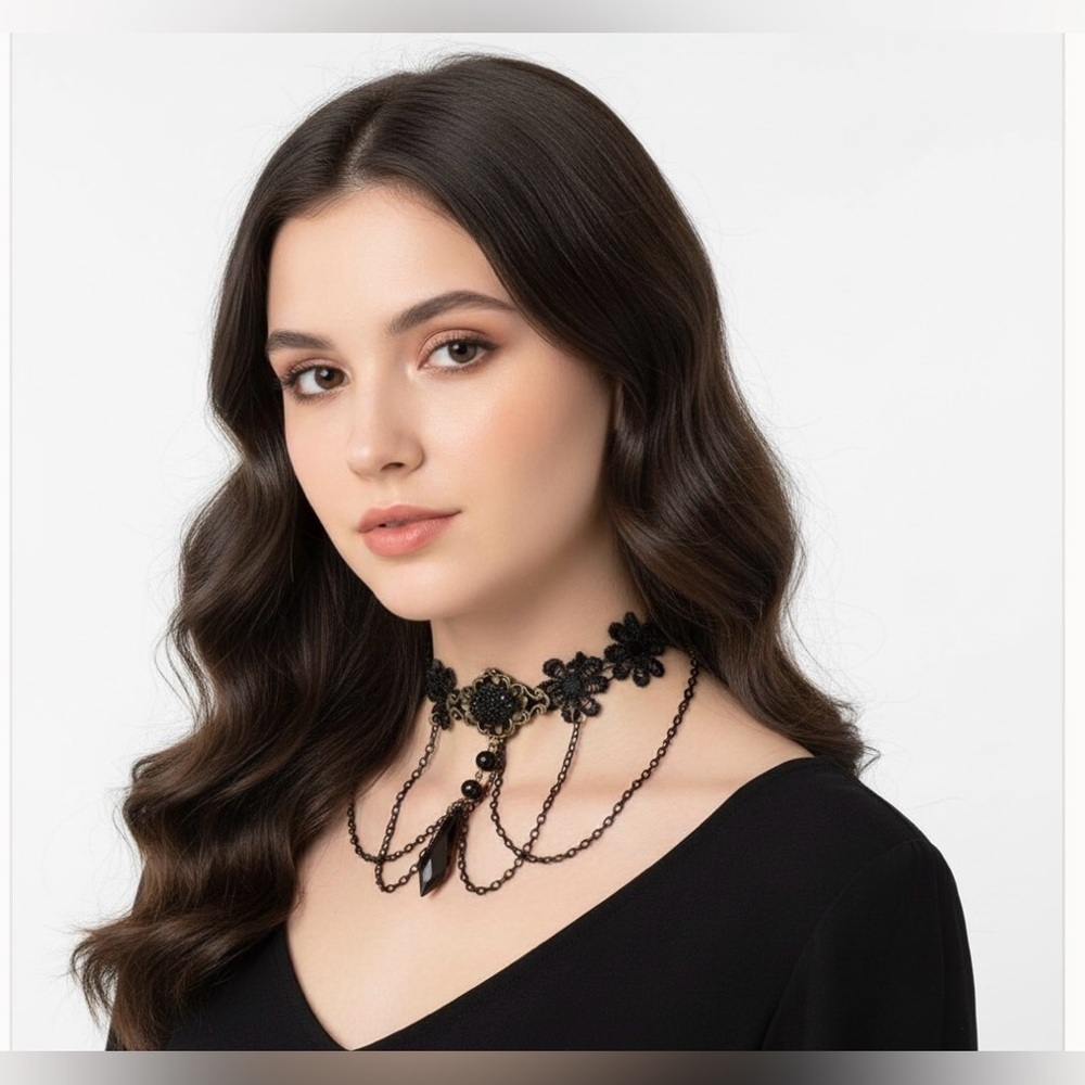 Gothic Elegance Lace Choker Necklace Handmade with medallion and chains - NWT